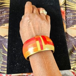 Vintage 70s 4-Tone Geometric Brass & Enamel Bangle Bracelet